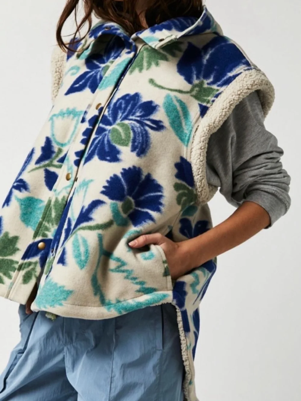 Free People Hello Sherpa Fleece Vest Floral Blue Green M $145